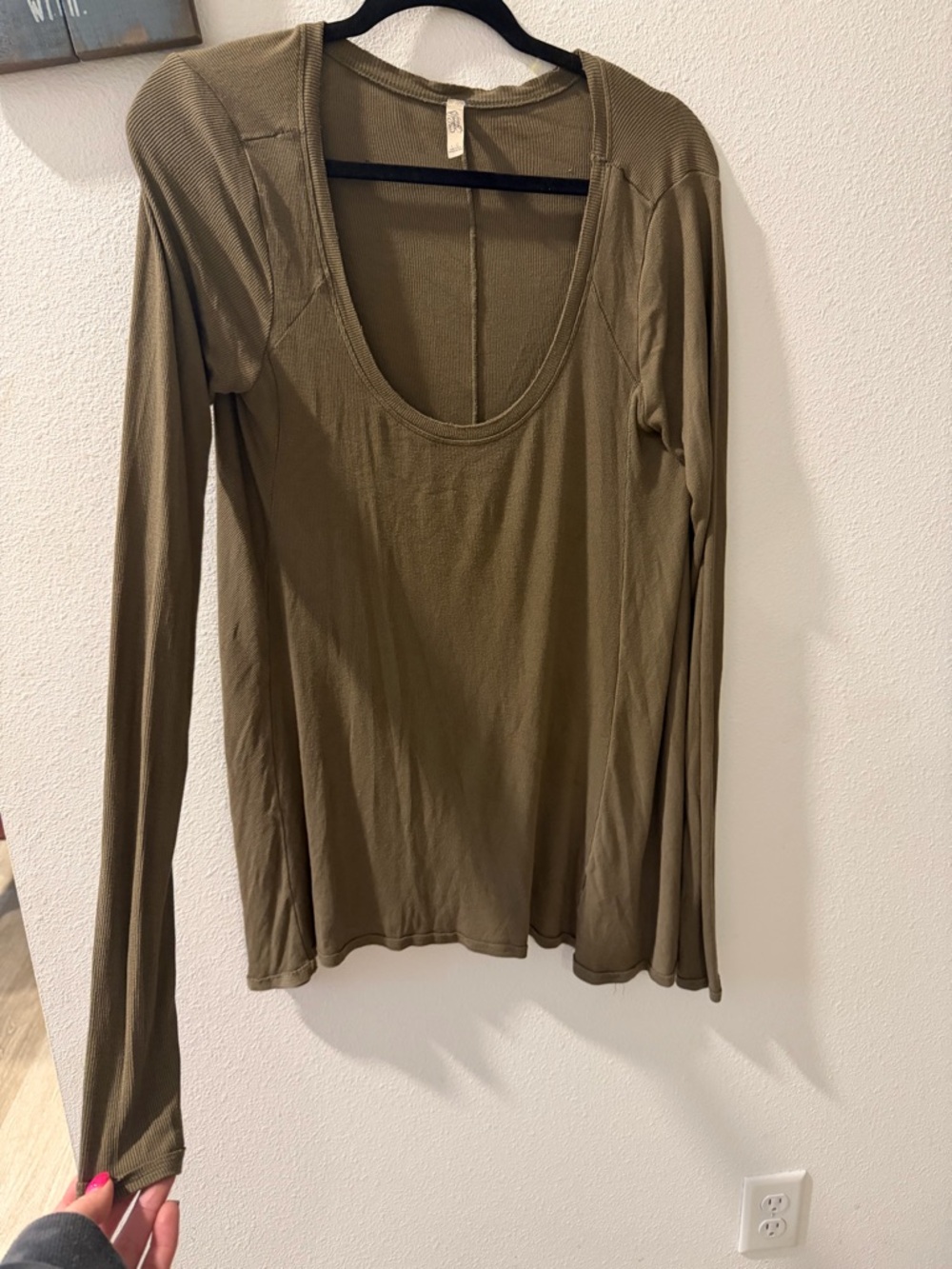 Free People Olive Green Scoop-Neck Long Sleeve Top